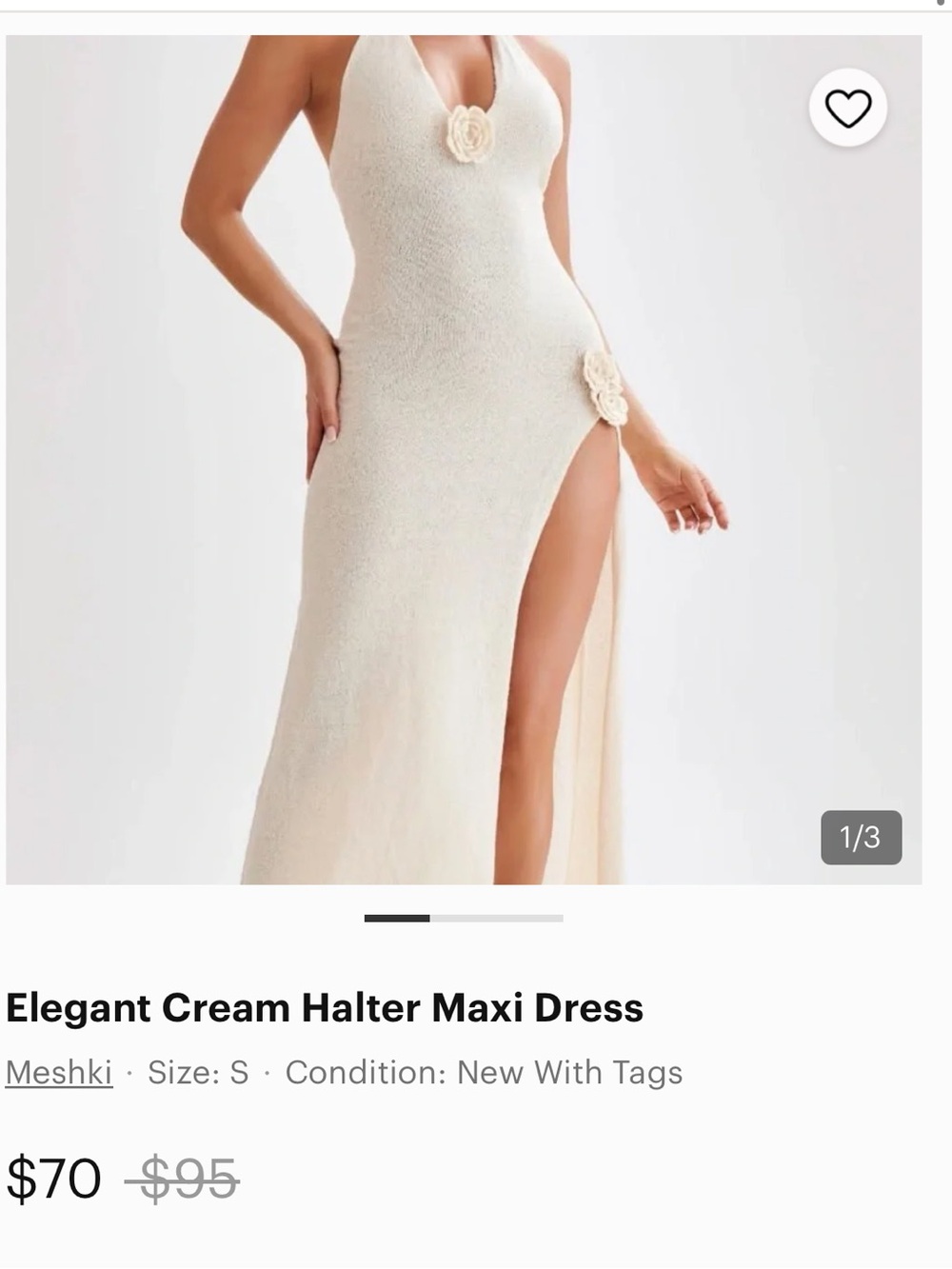 Meshki Nude/Cream Halter Knit Slip Dress with Floral Appliqués